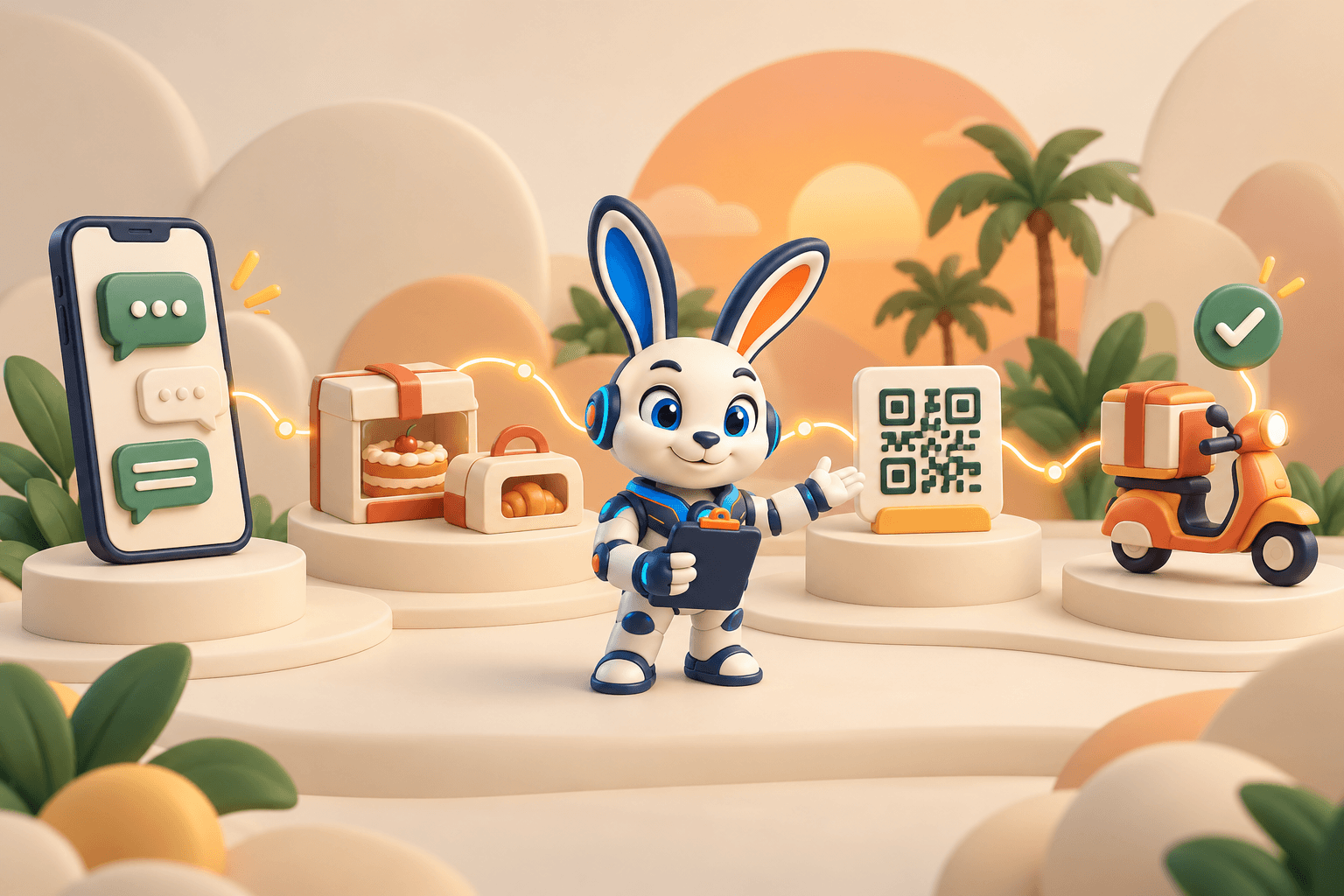 Ilustración 3D del conejo robot de Cony guiando un pedido desde WhatsApp hasta el pago con QR y la entrega