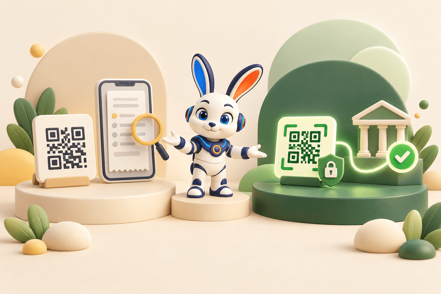 Ilustración 3D del conejo robot de Cony comparando un QR propio revisado a mano con un QR BNB verificado por el banco