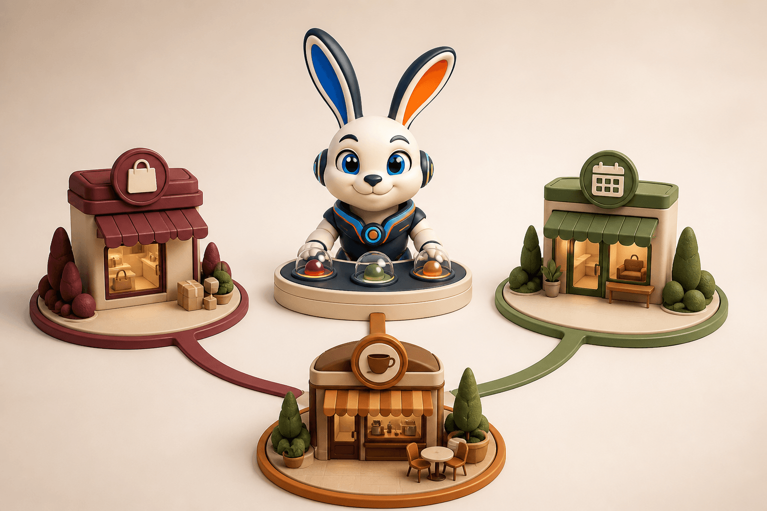 Ilustración 3D del conejo robot de Cony supervisando tres negocios separados desde un centro común