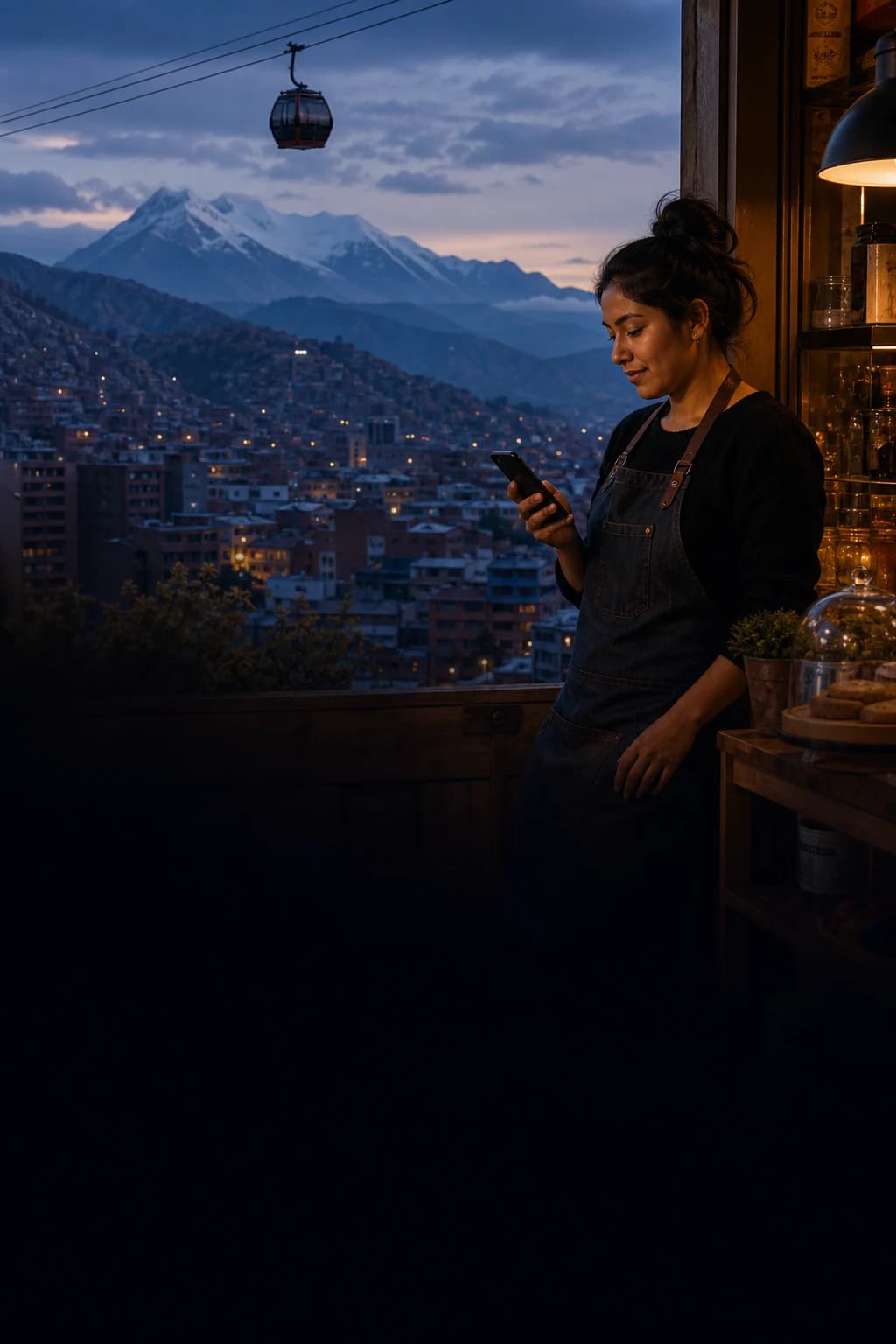 Emprendedora boliviana frente a la ciudad de La Paz al atardecer
