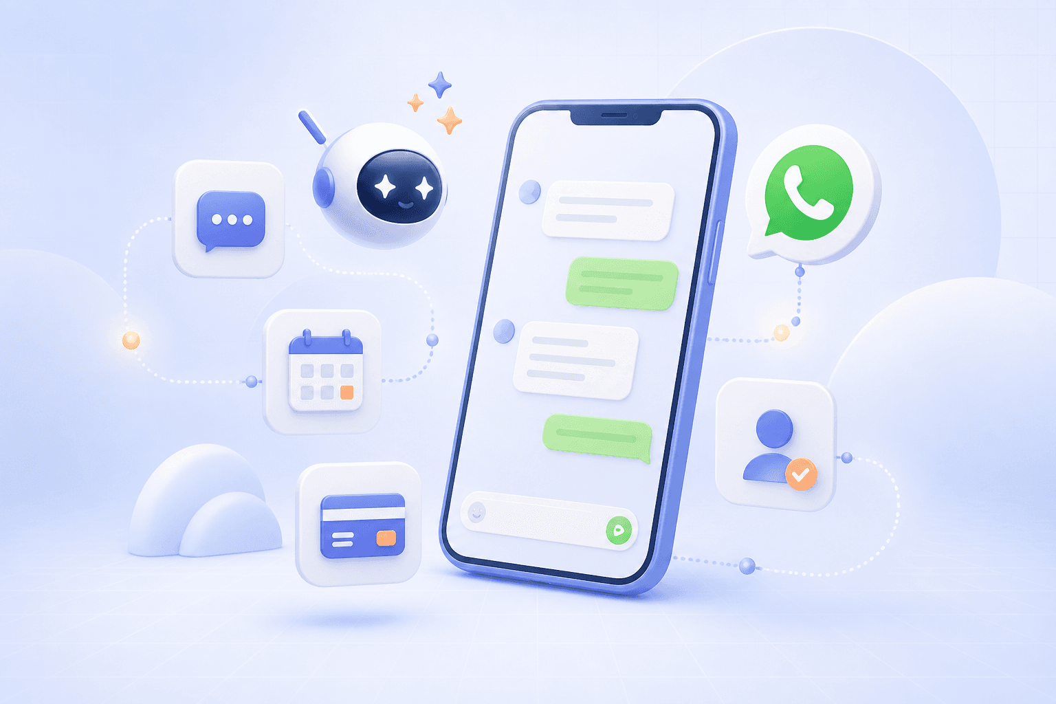 Ilustración editorial de un teléfono con WhatsApp, mensajes y automatizaciones conectadas