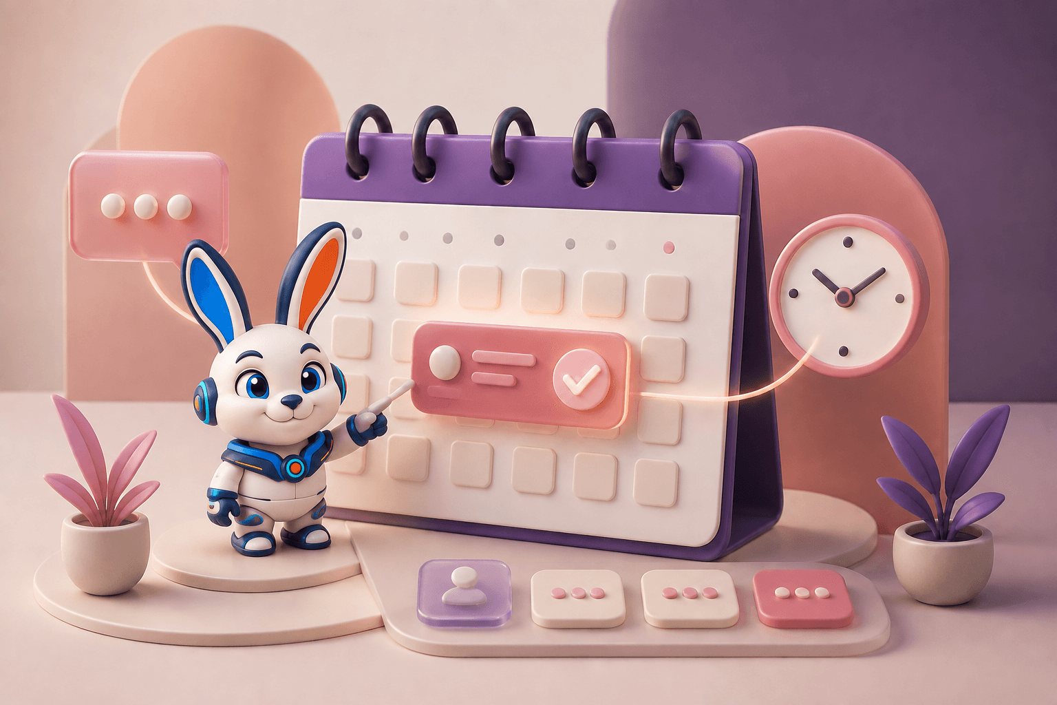Ilustración 3D del conejo robot de Cony confirmando una cita en un calendario