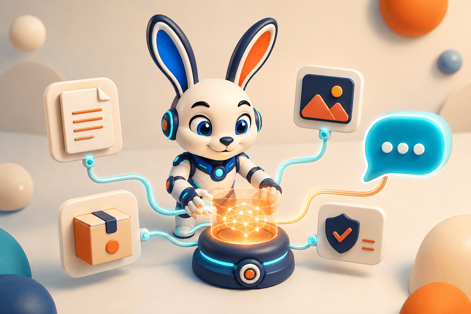 Ilustración 3D del conejo robot de Cony conectando documentos, productos, imágenes y reglas con una base de conocimiento