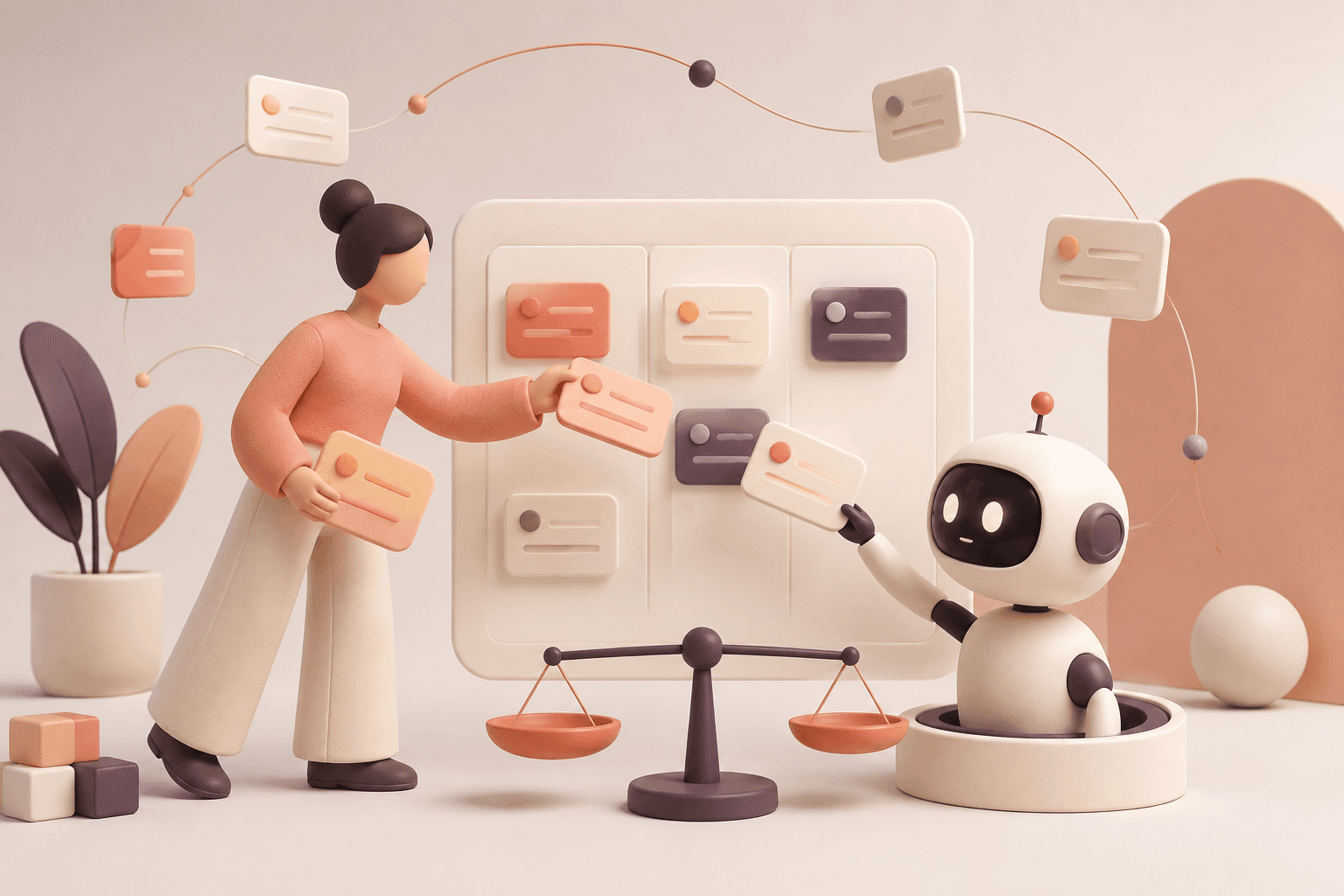 Ilustración 3D de una empleada y un asistente de inteligencia artificial organizando tareas juntos