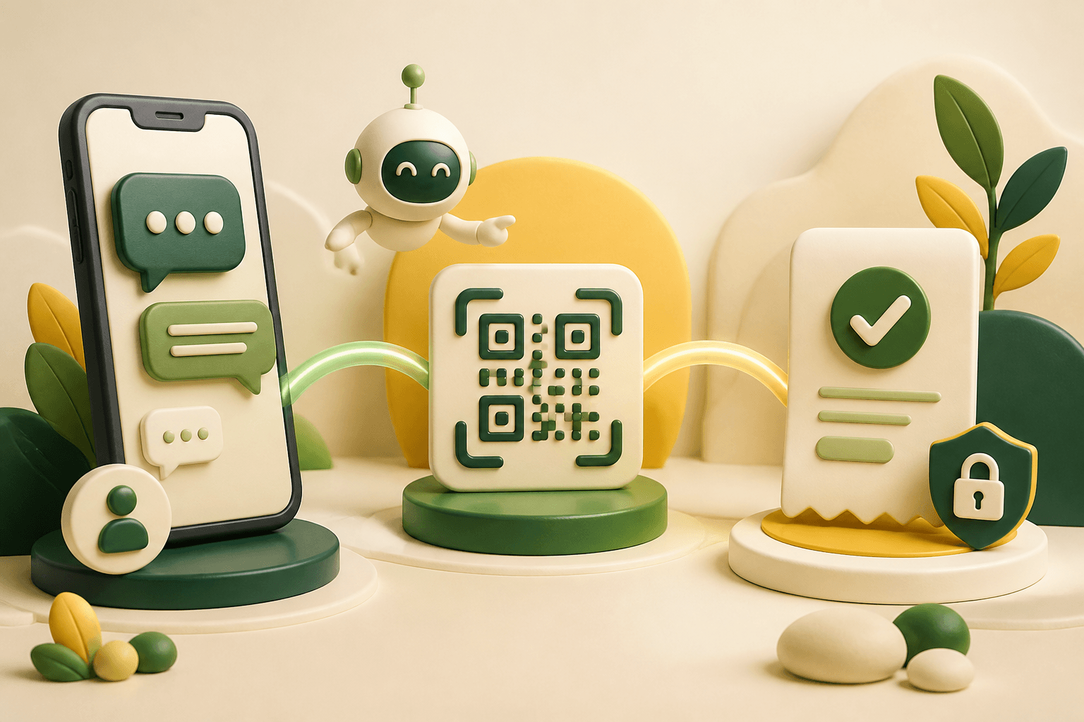 Ilustración 3D del recorrido desde una conversación hasta un pago seguro mediante código QR