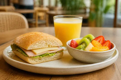 Menú Pequeño Explorador con mini sándwich, fruta fresca y jugo natural