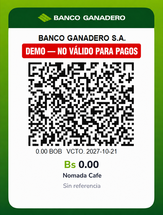 Demostración de QR de pago de Nómada Café, no válido para pagos