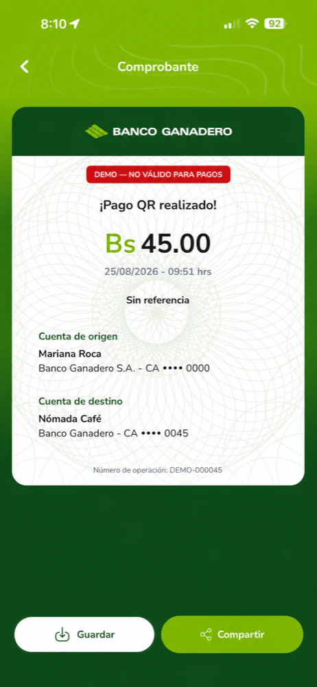 Comprobante de demostración por Bs 45 de Mariana Roca a Nómada Café, no válido para pagos